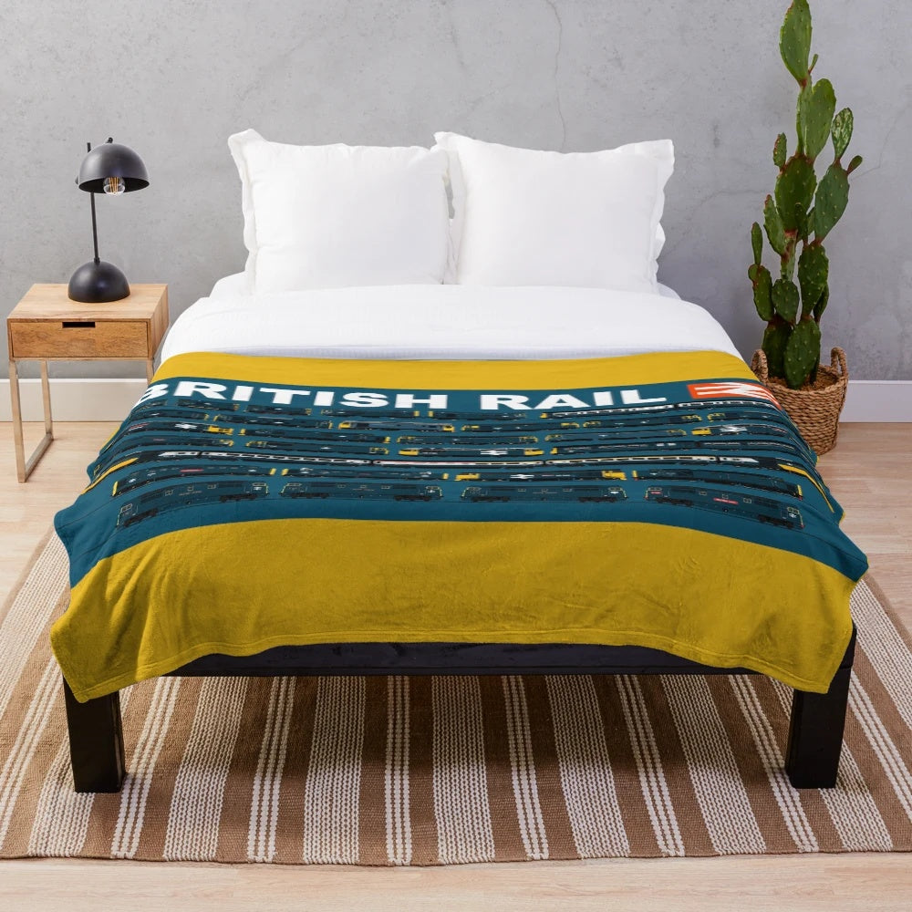 Cozy plush blanket featuring vintage British Rail train designs