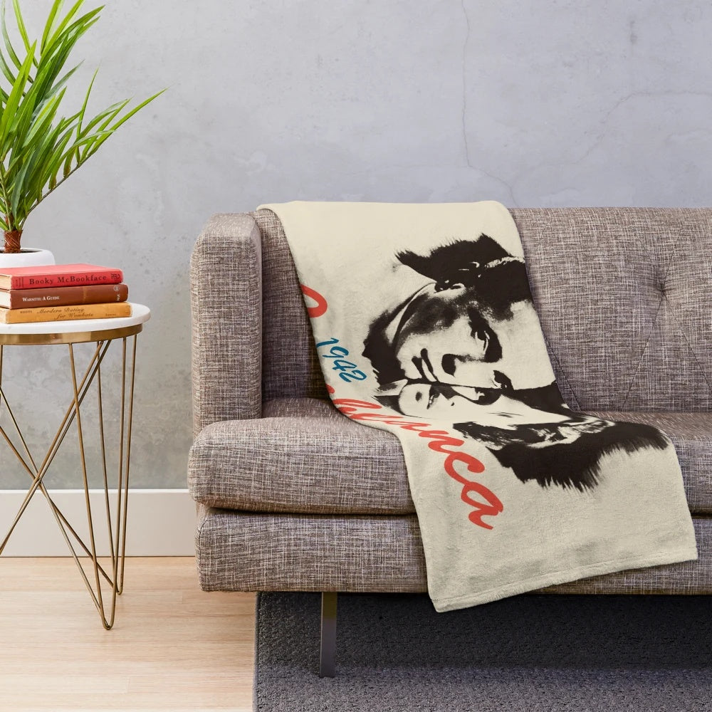 Cozy Casablanca-themed plush blanket featuring Humphrey Bogart and Ingrid Bergman