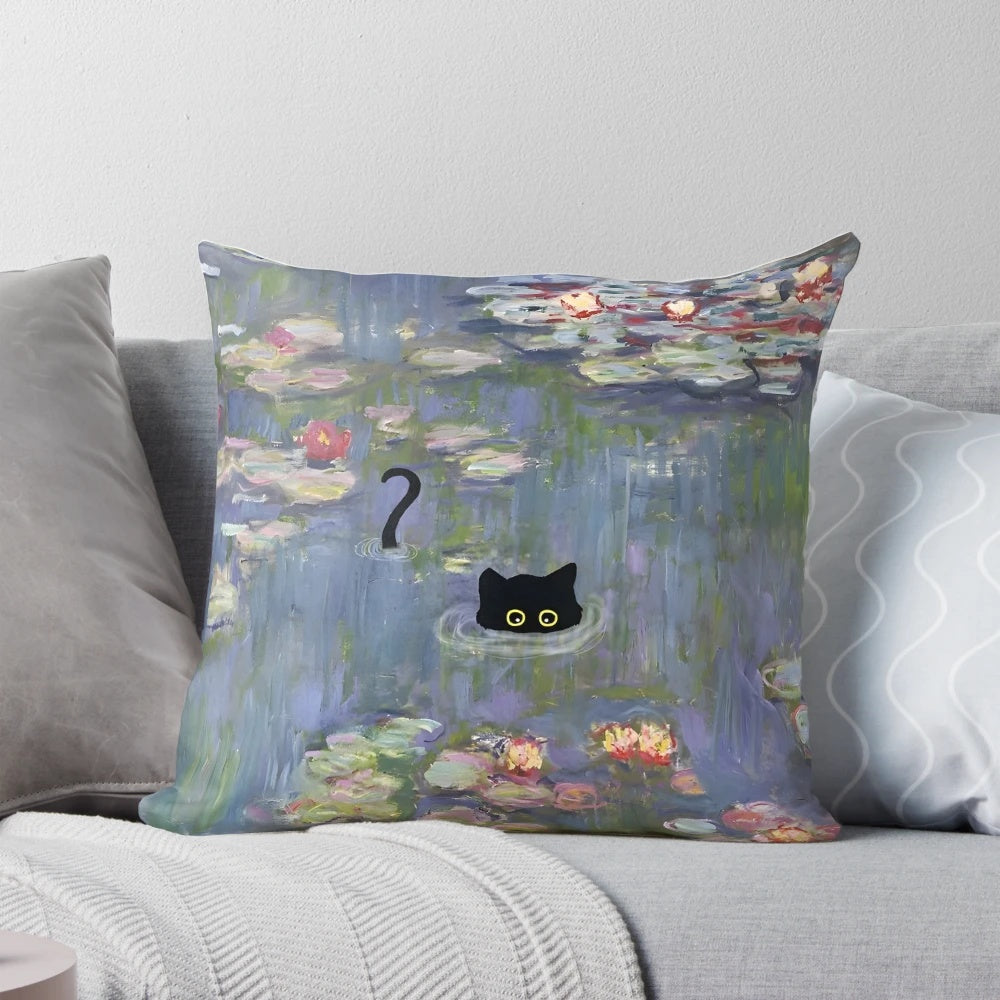 A beautiful throw pillow featuring a vintage-inspired cat Monet water lily design, perfect for adding a touch of nature-inspired style to your home.