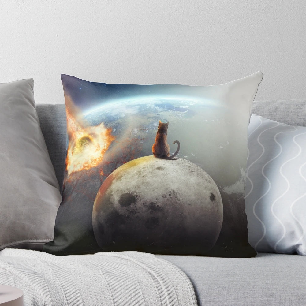 A vintage-style pillow featuring a whimsical cat design set against a moon and stars background