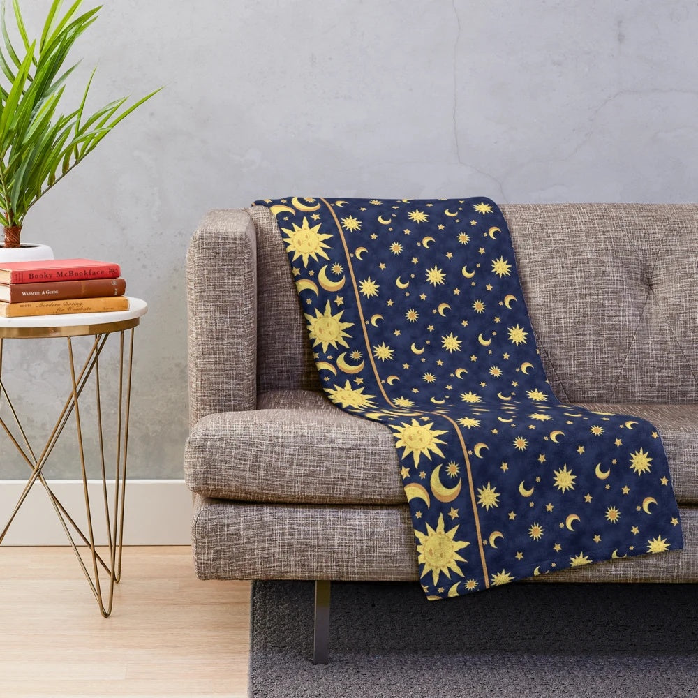 Vintage-inspired celestial plush blanket with moon, stars, and 90s-style pattern
