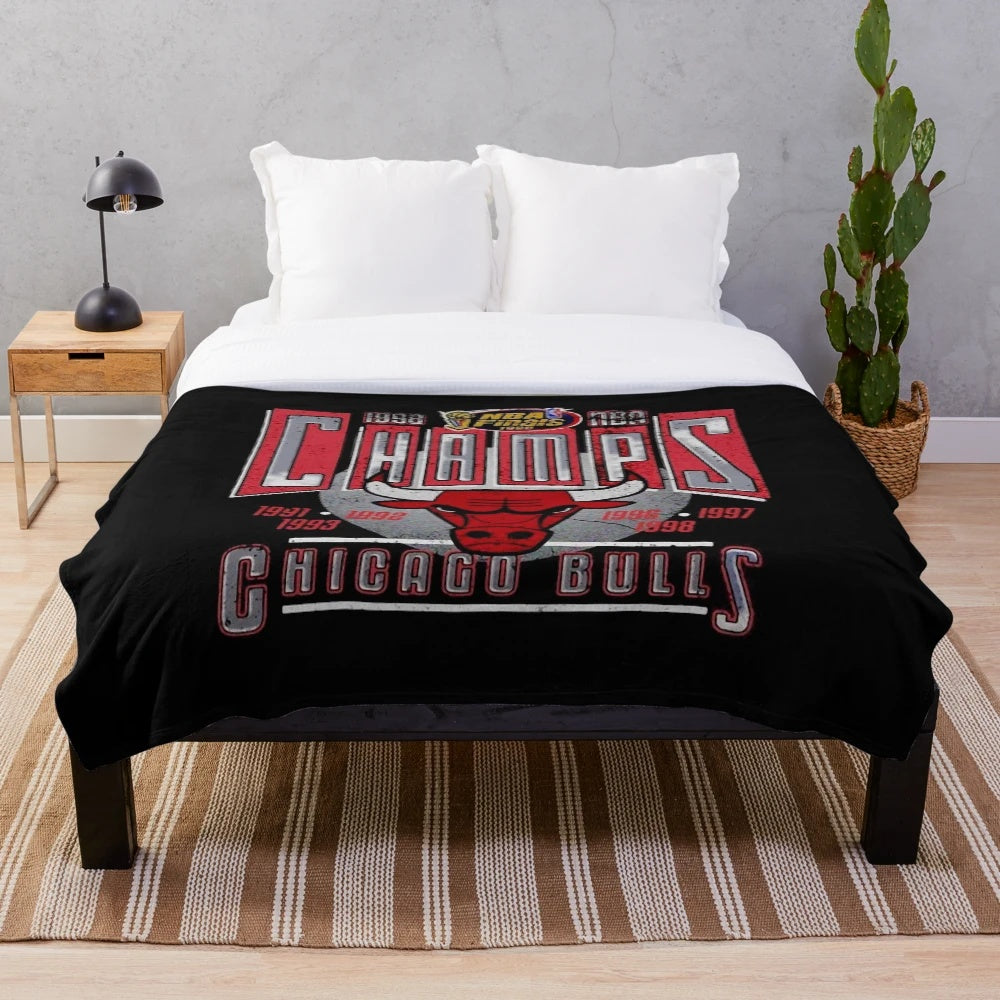 Vintage inspired Chicago basketball plush blanket with players and championship imagery