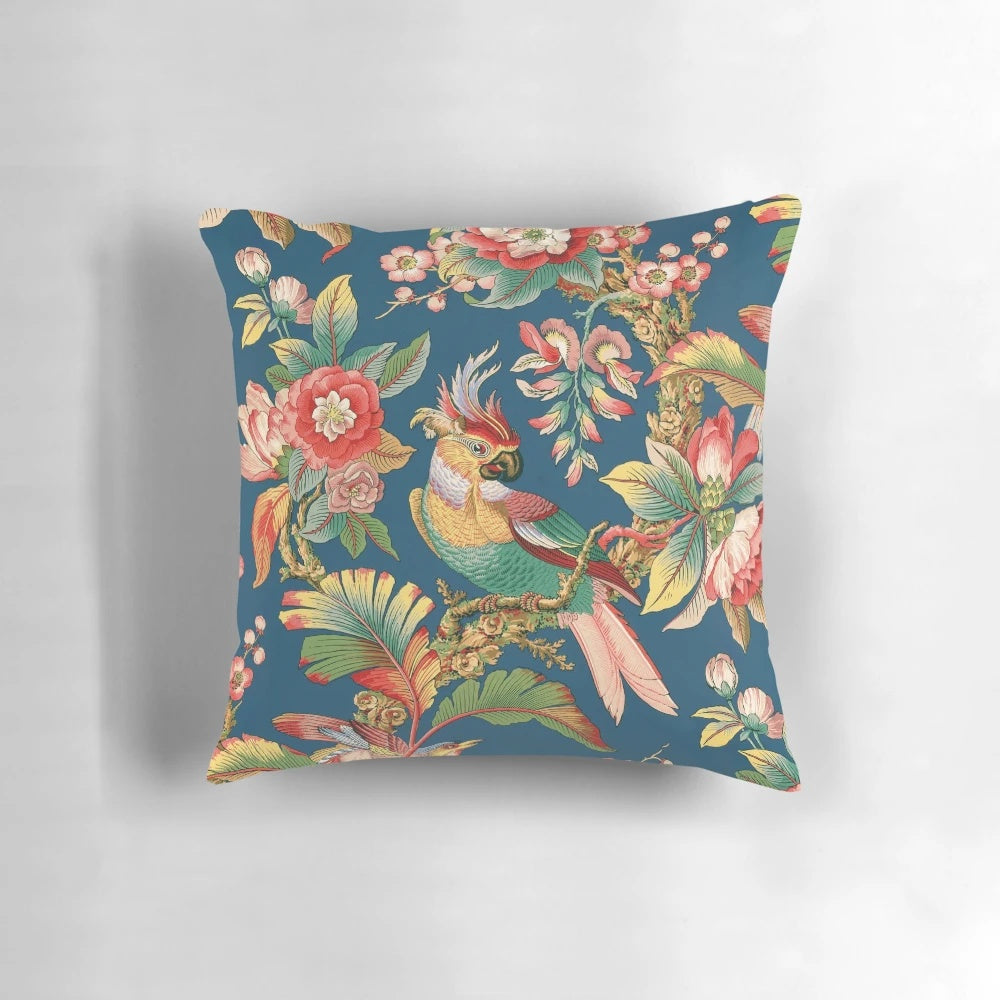 Antique French-style chinoiserie pillow with blue and white bird motifs