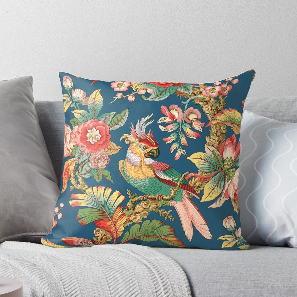 Antique French-style chinoiserie pillow with blue and white bird motifs