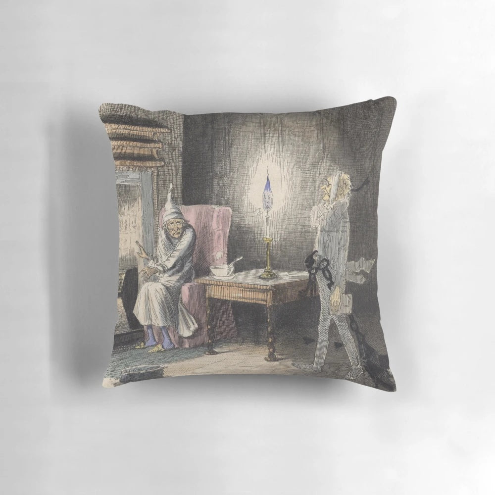 A cozy Christmas carol-themed pillow featuring the ghost of Jacob Marley