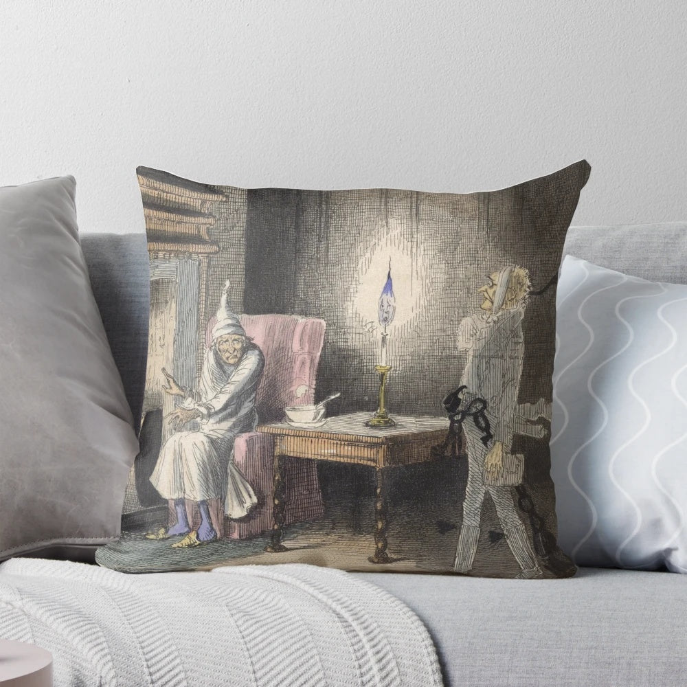 A cozy Christmas carol-themed pillow featuring the ghost of Jacob Marley