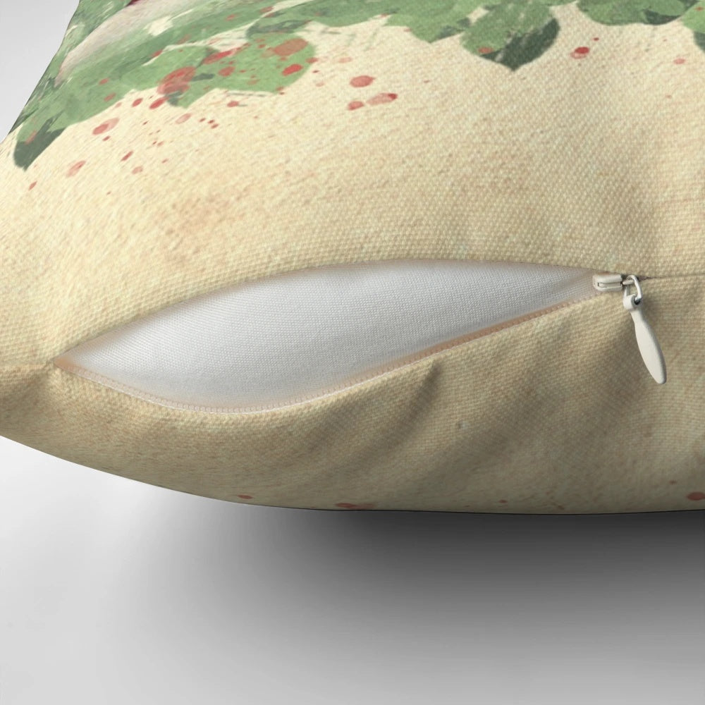 Vintage-style Christmas pillow with classic film characters and blue, white, and feather design