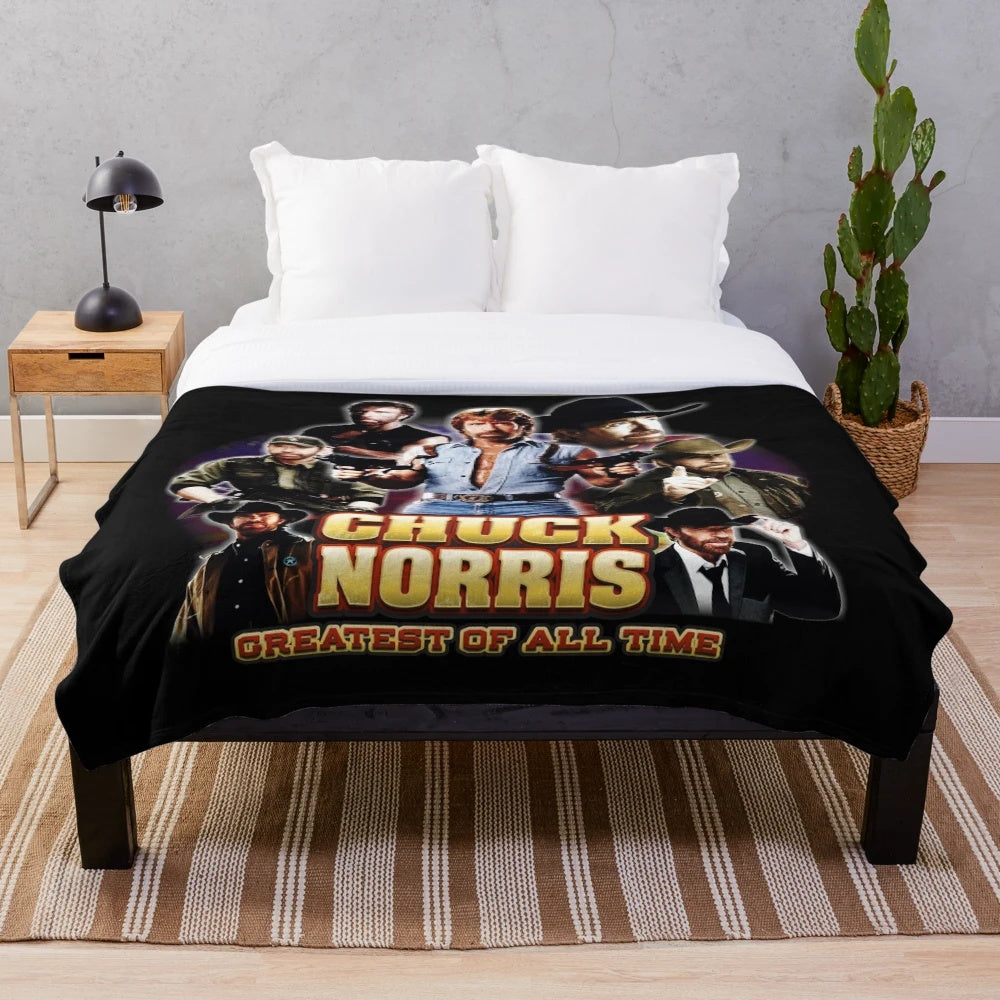 Vintage-inspired Chuck Norris plush blanket with GOAT (Greatest of All Time) design