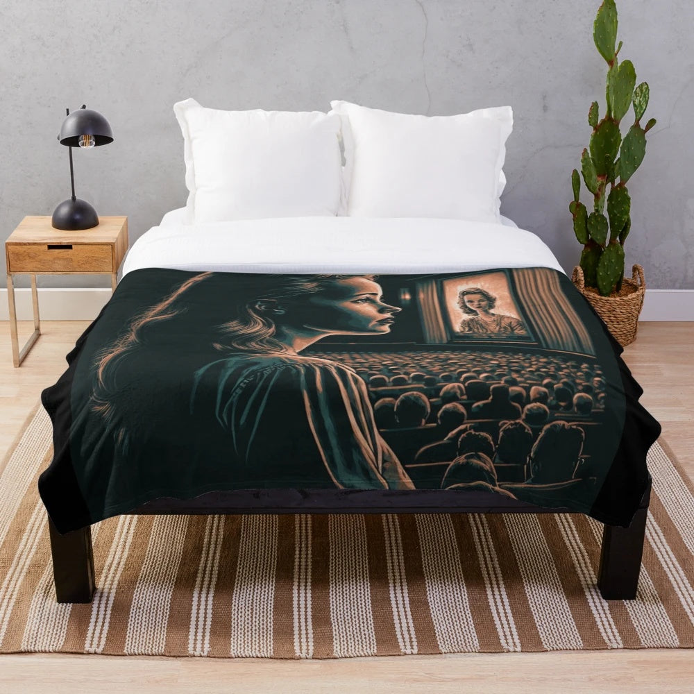 Vintage-inspired cinema plush blanket with movie reel and film noir design