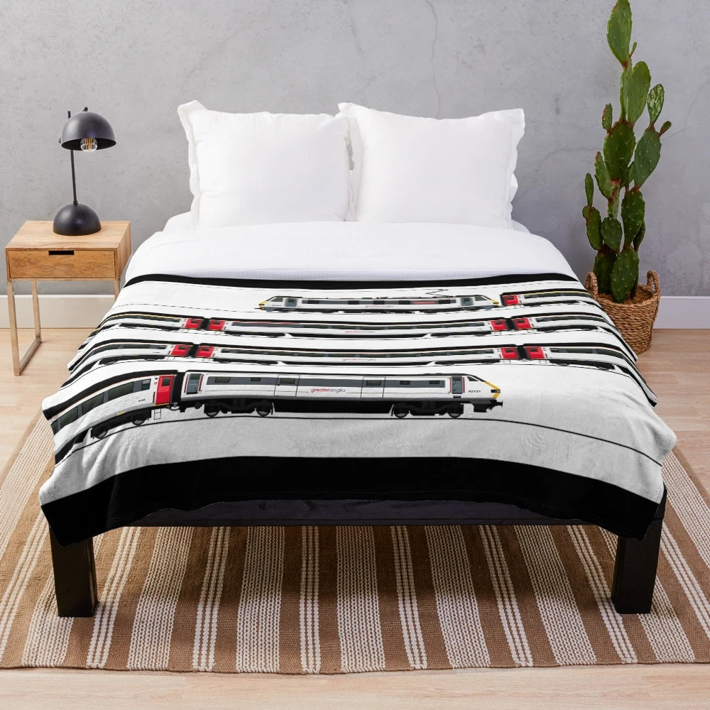 Plush blanket featuring a vintage-style illustration of a Class 90 locomotive from the Greater Anglia rail network