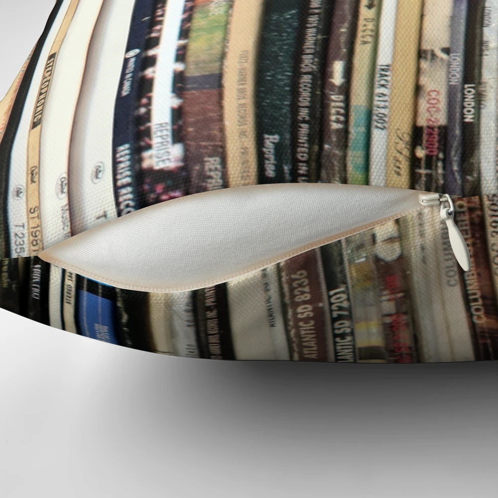 Classic rock-themed pillow with vinyl record design