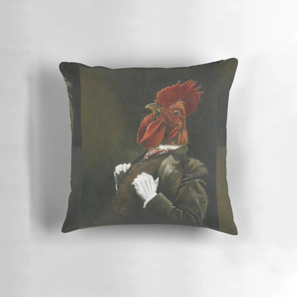 Beautifully detailed vintage-style portrait of a proud cockerel or rooster on a decorative pillow