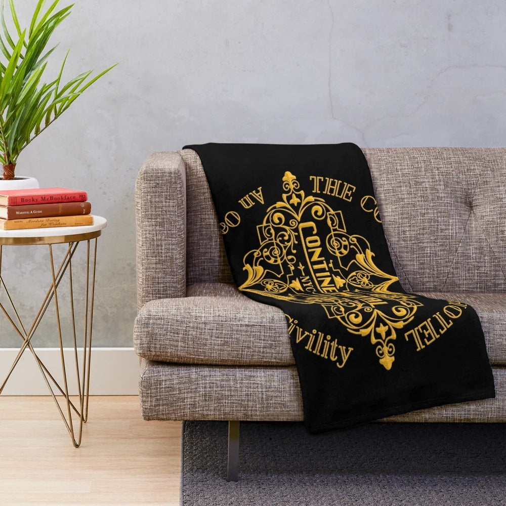 Vintage-inspired Continental Hotel plush blanket featuring John Wick movie elements