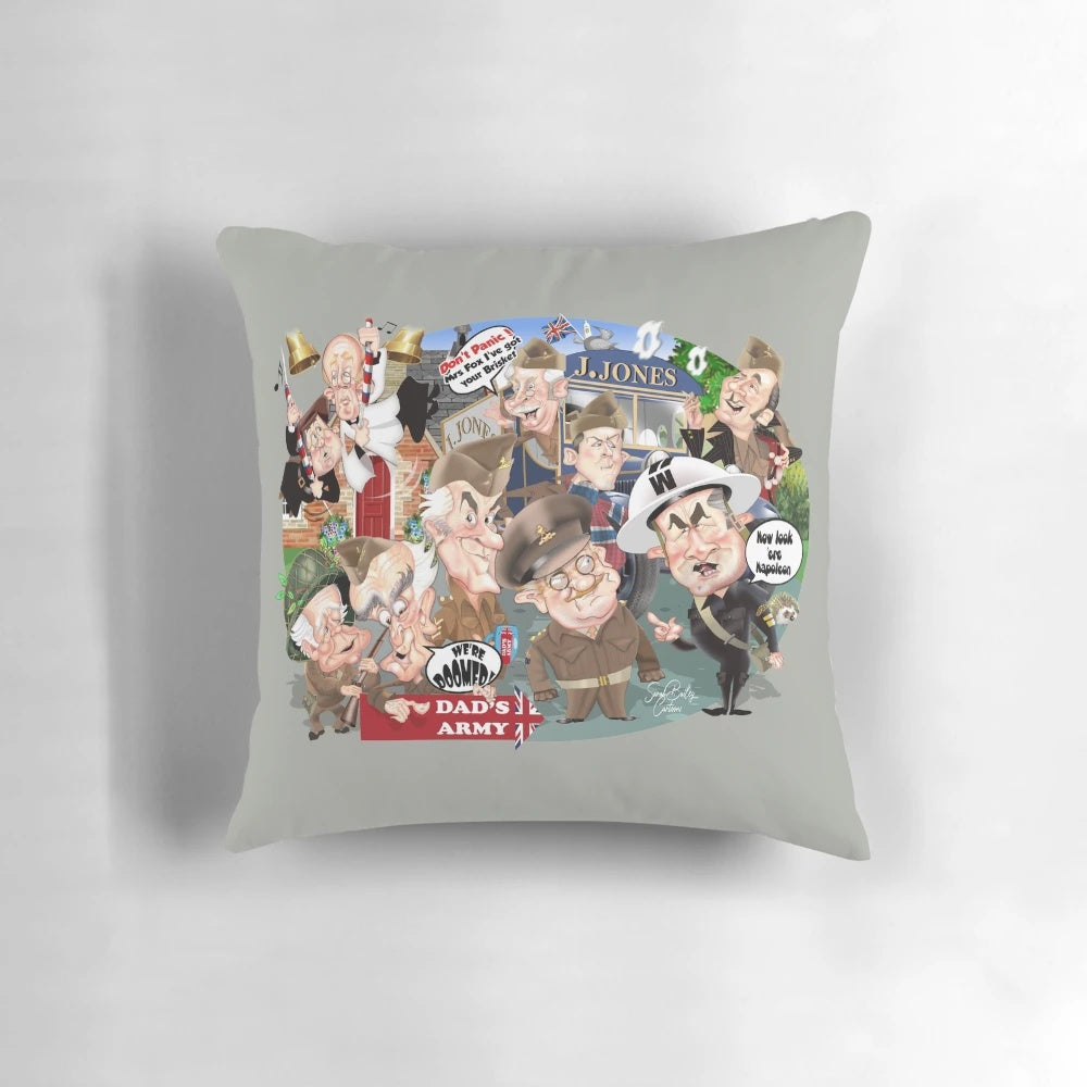 Vintage-style pillow featuring the iconic Dad's Army TV show logo and characters