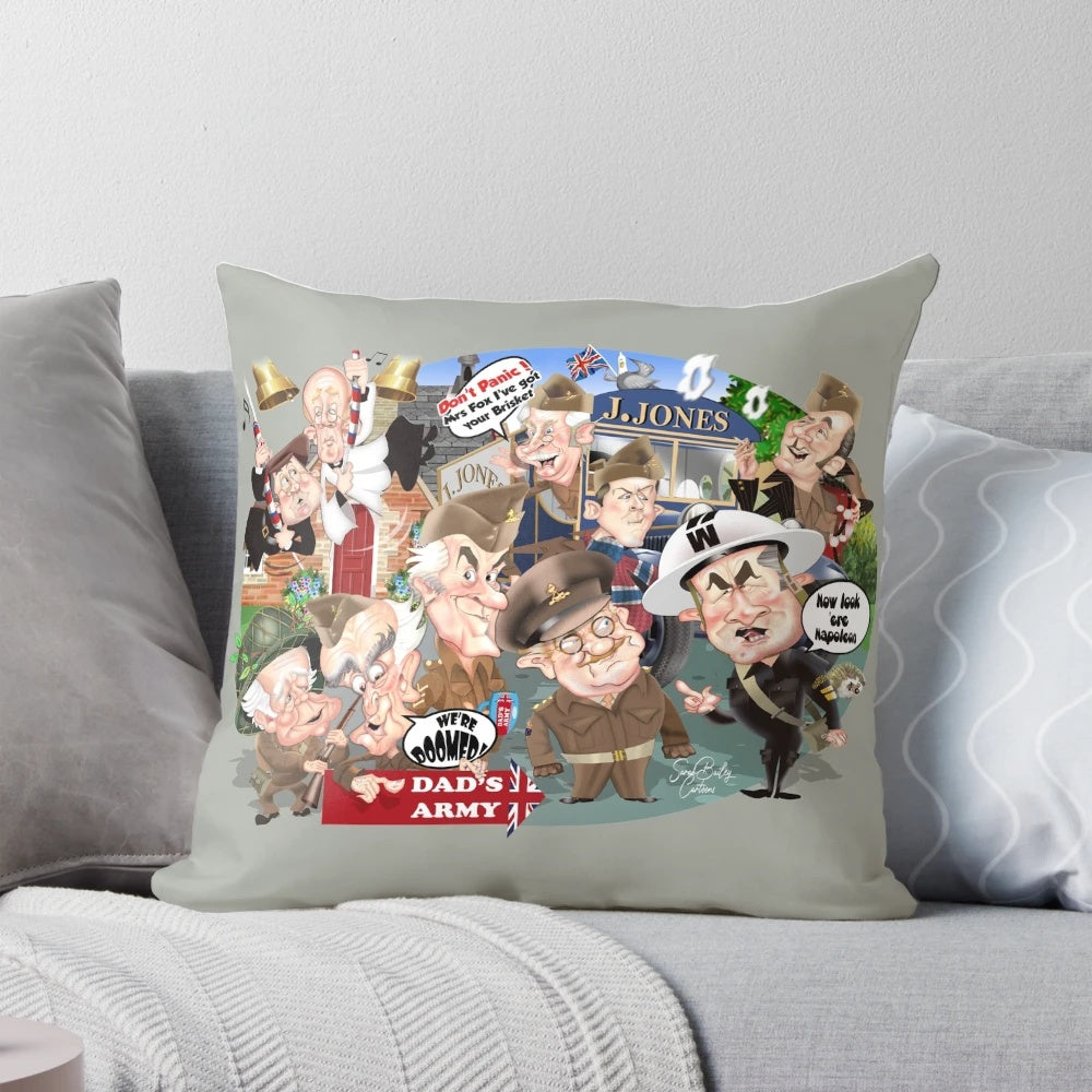 Vintage-style pillow featuring the iconic Dad's Army TV show logo and characters