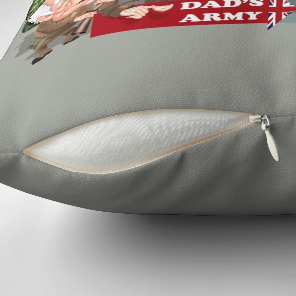 Vintage-style pillow featuring the iconic Dad's Army TV show logo and characters
