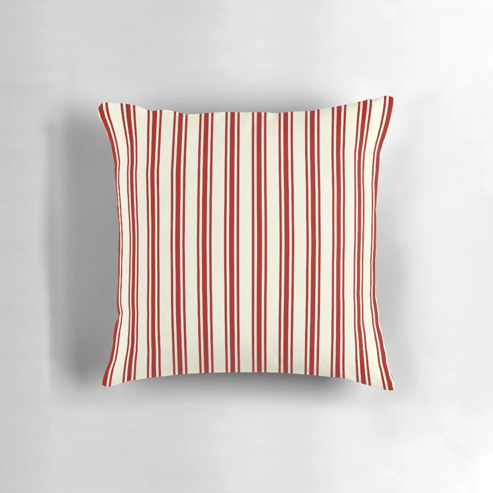 Dark red and cream ticking stripe patterned throw pillow