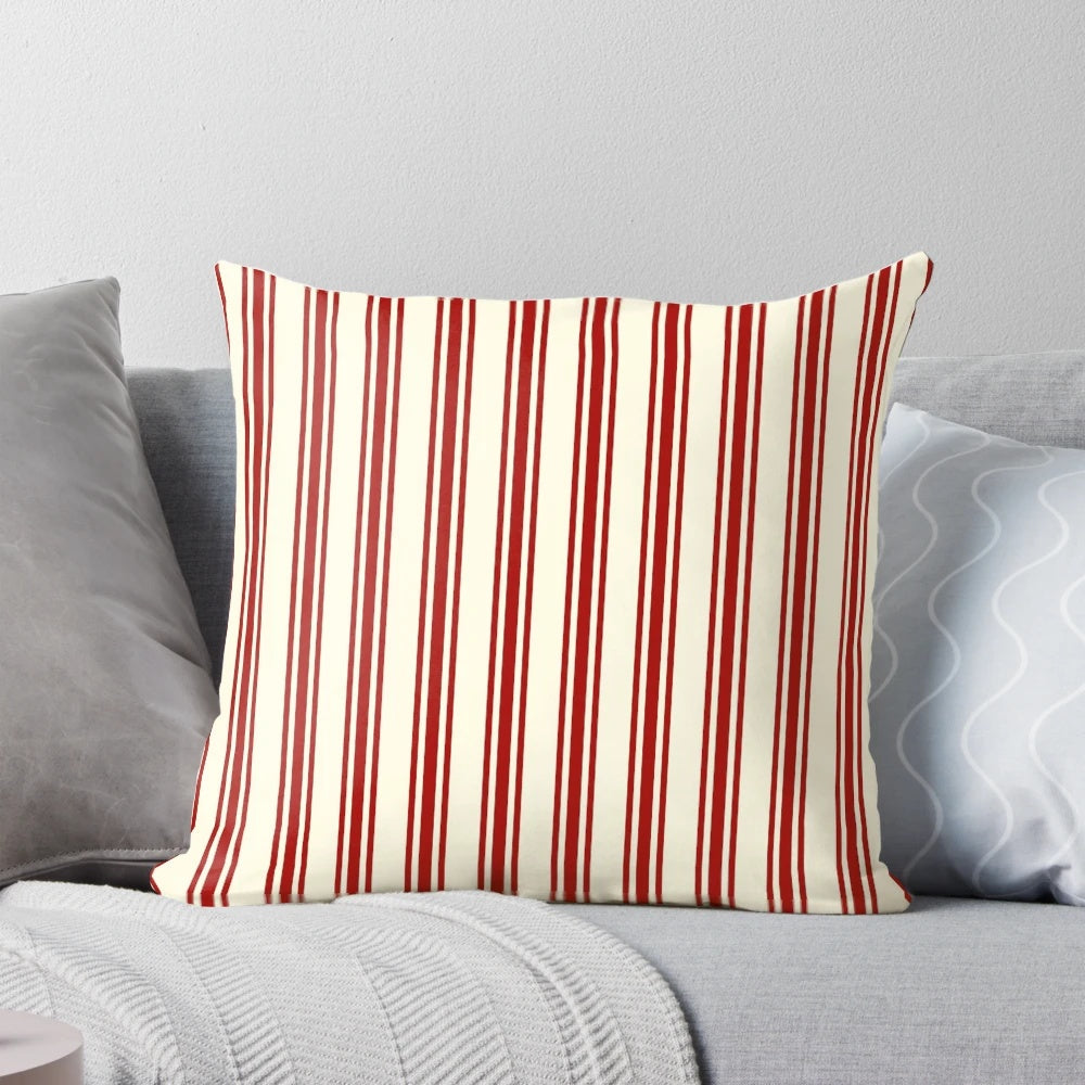 Dark red and cream ticking stripe patterned throw pillow