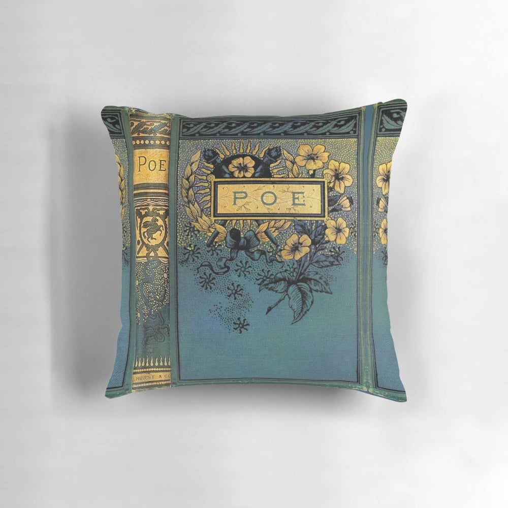 Decorative pillow featuring a vintage-style cover design inspired by the works of Edgar Allan Poe