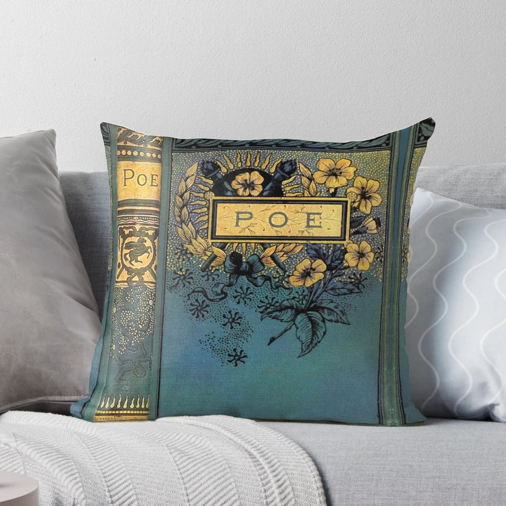 Decorative pillow featuring a vintage-style cover design inspired by the works of Edgar Allan Poe