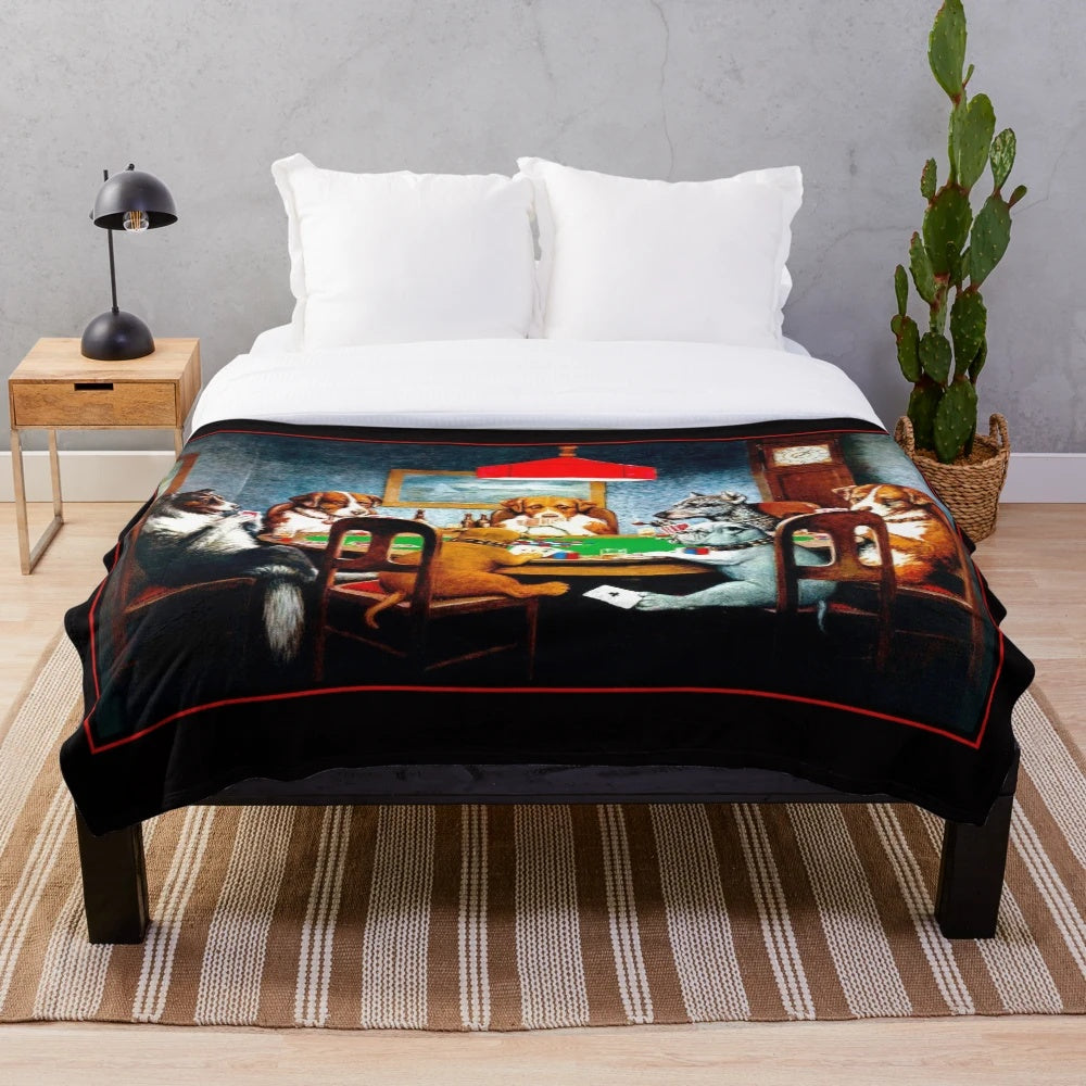 Vintage-inspired plush blanket featuring the classic "Dogs Playing Poker" artwork by C.M. Coolidge