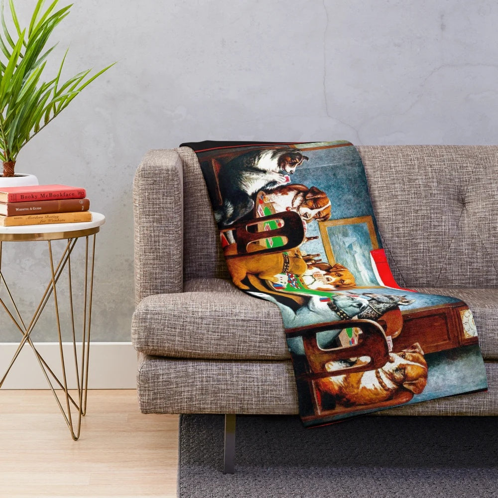 Vintage-inspired plush blanket featuring the classic "Dogs Playing Poker" artwork by C.M. Coolidge