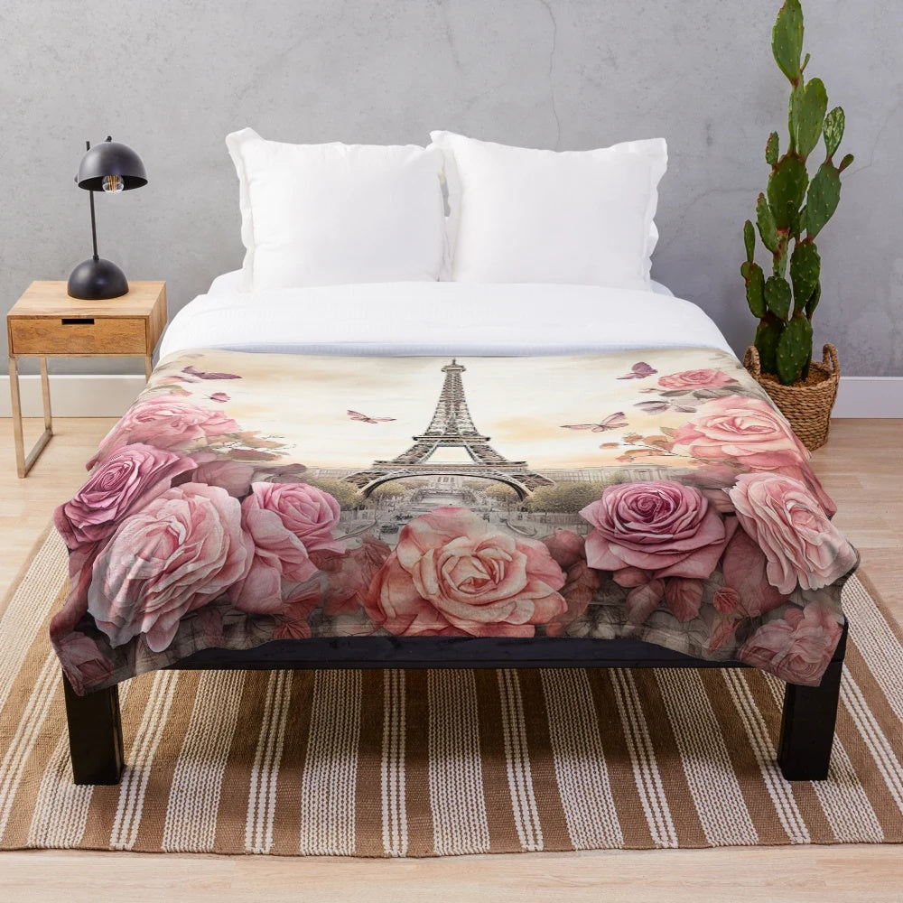 Vintage-inspired plush blanket with Eiffel Tower and pink roses design