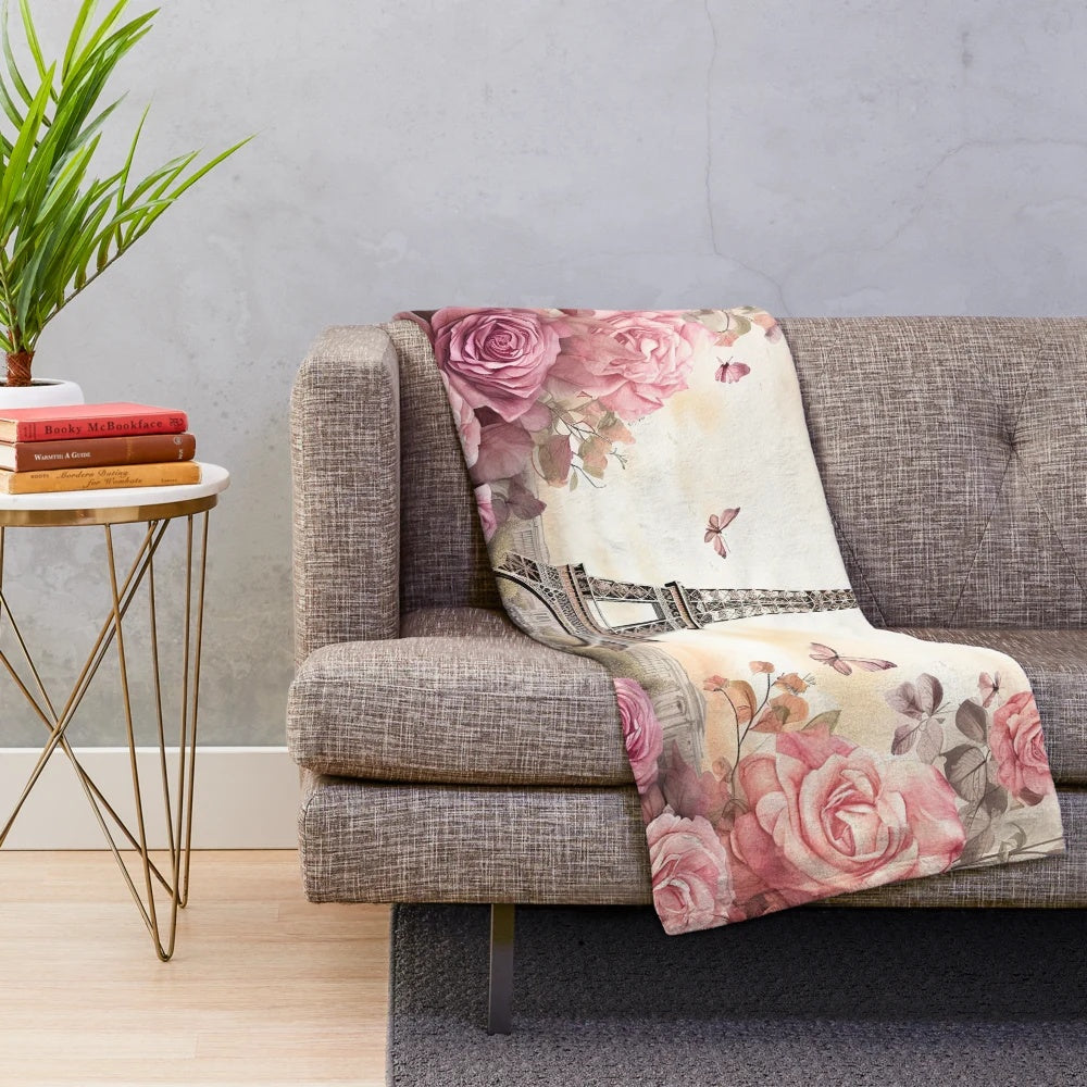 Vintage-inspired plush blanket with Eiffel Tower and pink roses design