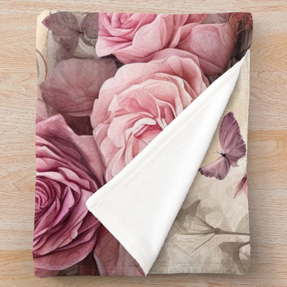 Vintage-inspired plush blanket with Eiffel Tower and pink roses design