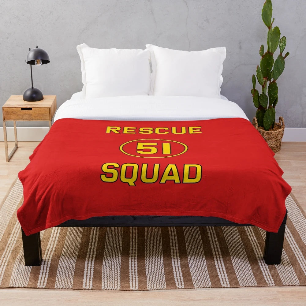 Vintage-inspired Emergency Squad 51 plush blanket with firefighter logo