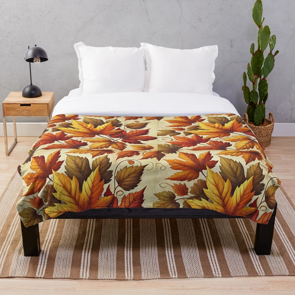 Vintage-inspired plush blanket featuring a detailed, realistic fall leaves design