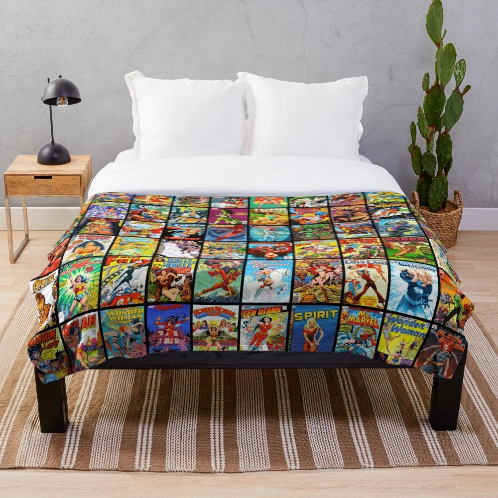 Vintage-inspired female superhero comic book pattern plush blanket
