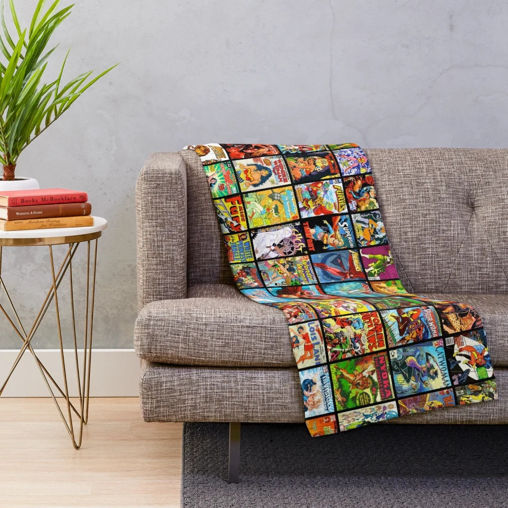 Vintage-inspired female superhero comic book pattern plush blanket