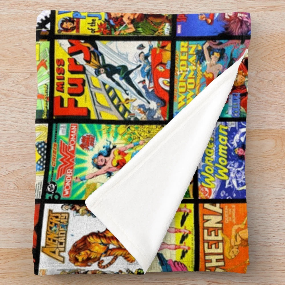 Vintage-inspired female superhero comic book pattern plush blanket