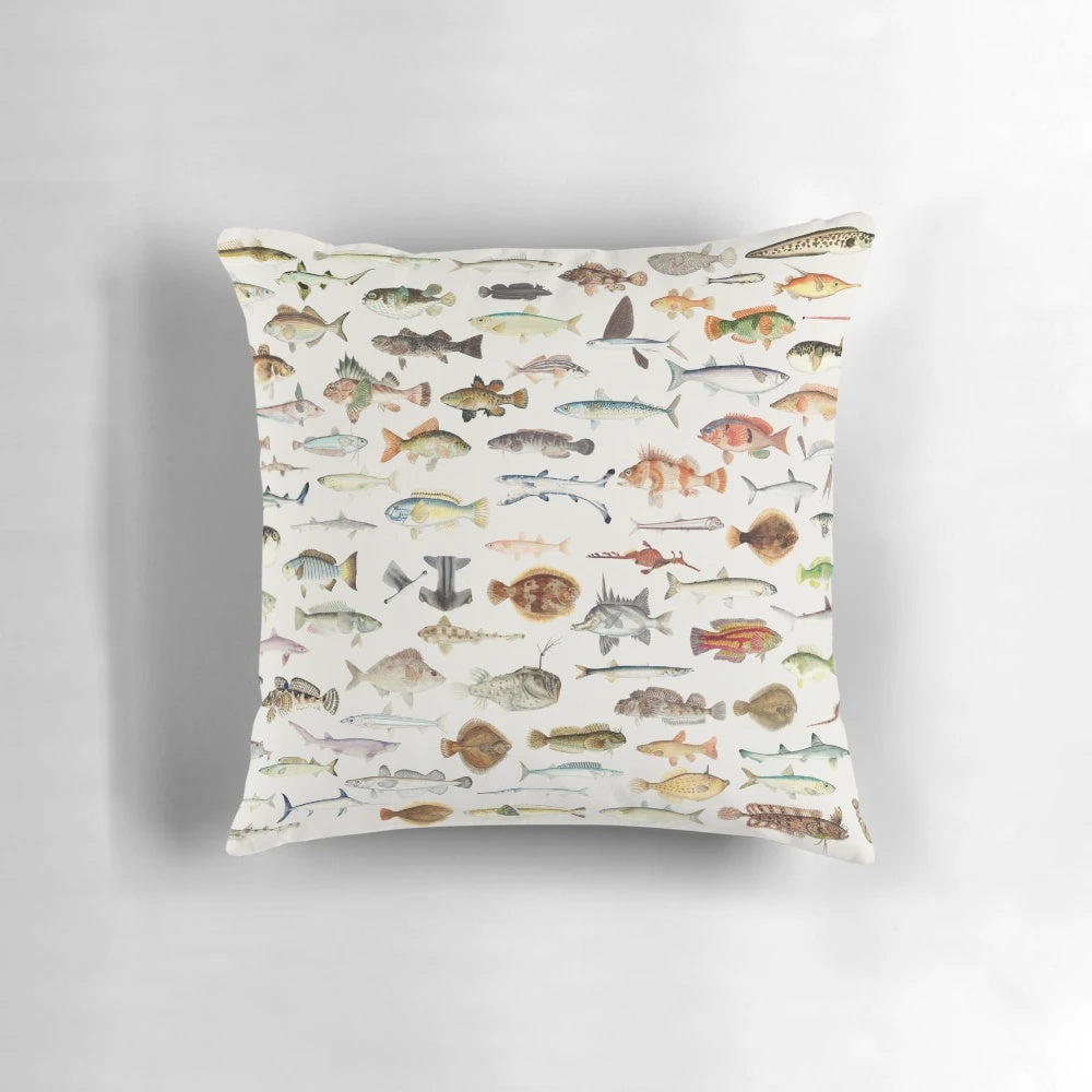 Vintage-style fish chart design printed on a cozy throw pillow for an aquatic-themed home decor.