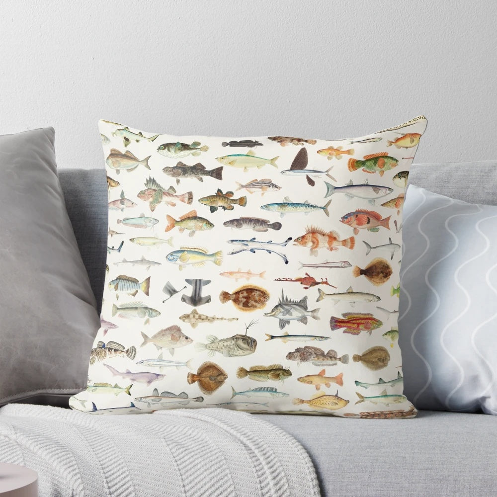 Vintage-style fish chart design printed on a cozy throw pillow for an aquatic-themed home decor.