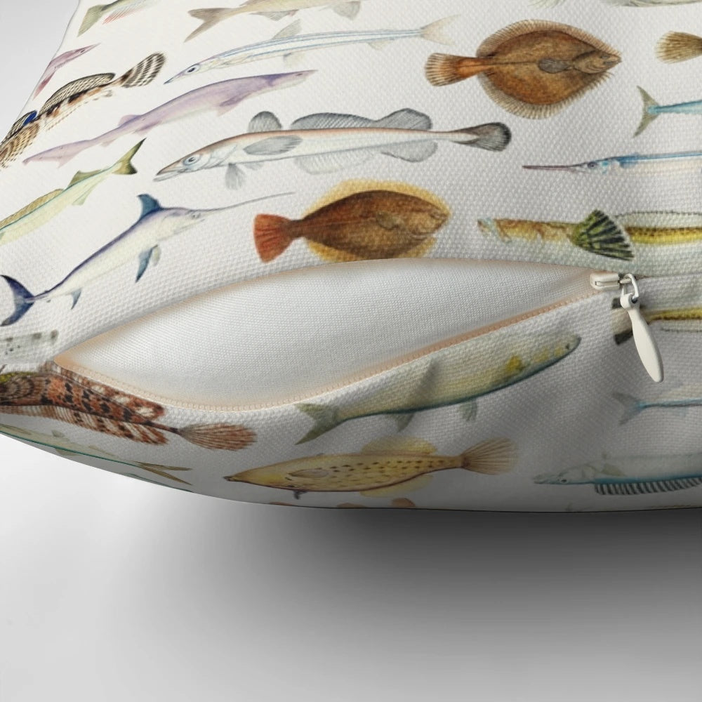 Vintage-style fish chart design printed on a cozy throw pillow for an aquatic-themed home decor.