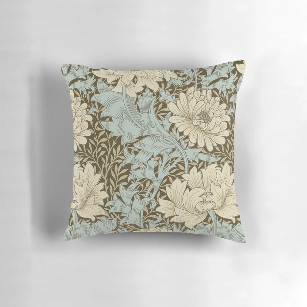 Vintage-inspired floral art pillow featuring a botanical pattern inspired by the iconic designs of William Morris