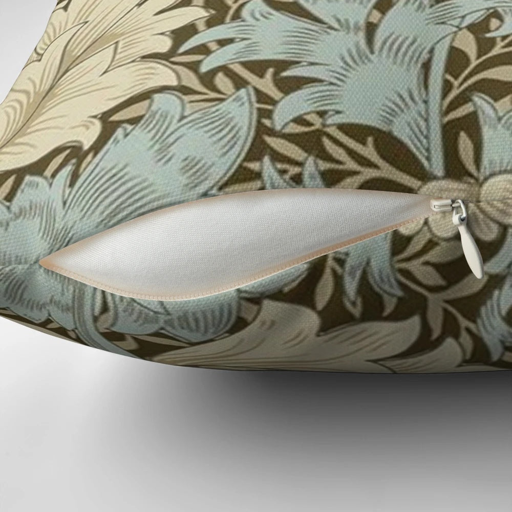 Vintage-inspired floral art pillow featuring a botanical pattern inspired by the iconic designs of William Morris