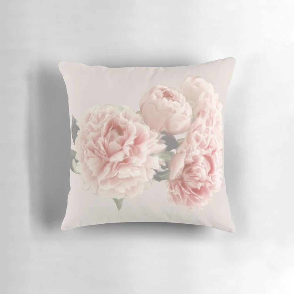 Vintage-inspired floral peony throw pillow with a soft, pink painted flower design