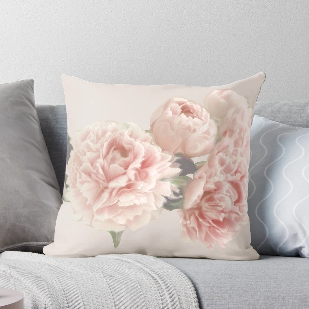 Vintage-inspired floral peony throw pillow with a soft, pink painted flower design