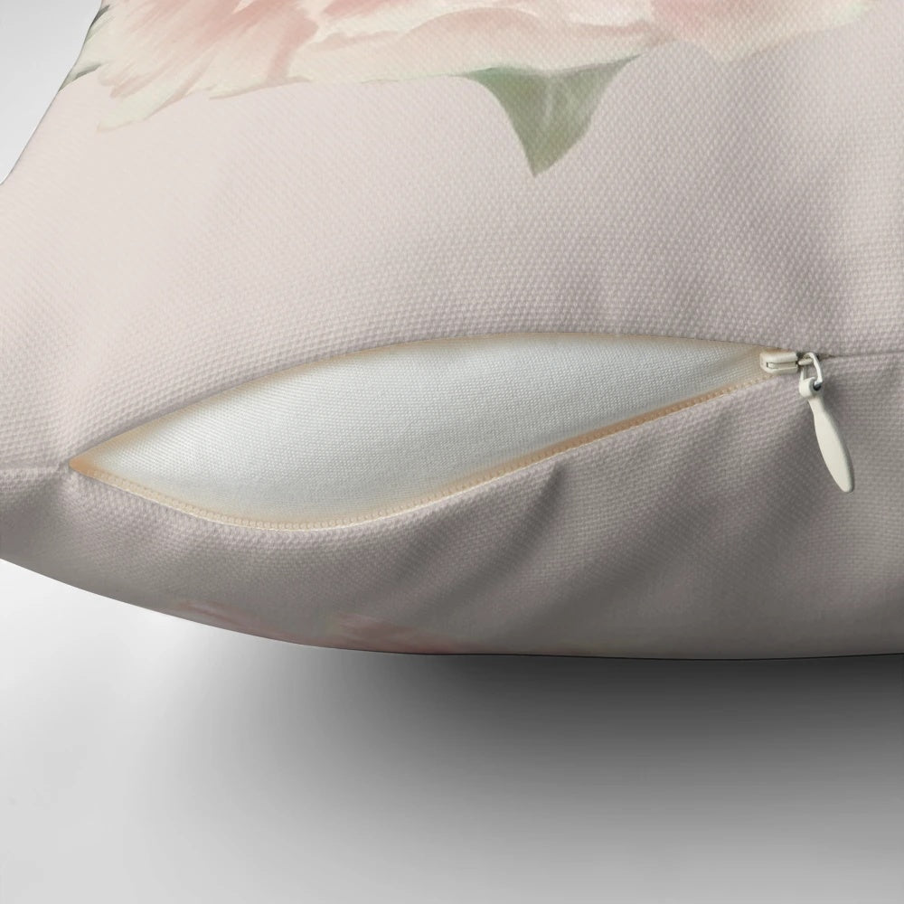 Vintage-inspired floral peony throw pillow with a soft, pink painted flower design