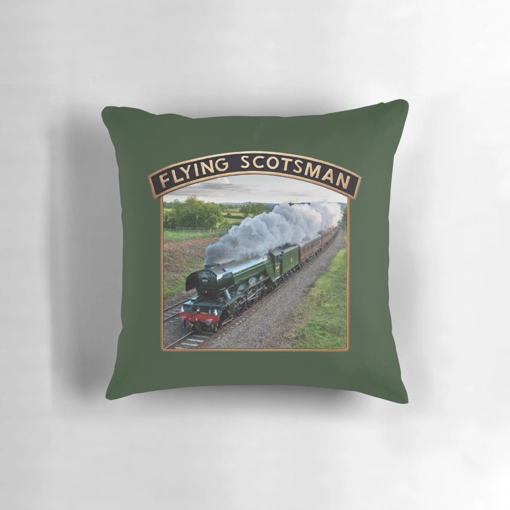 Vintage-style pillow with an illustration of the iconic Flying Scotsman steam locomotive and its nameplate.