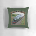 Vintage-style pillow with an illustration of the iconic Flying Scotsman steam locomotive and its nameplate.