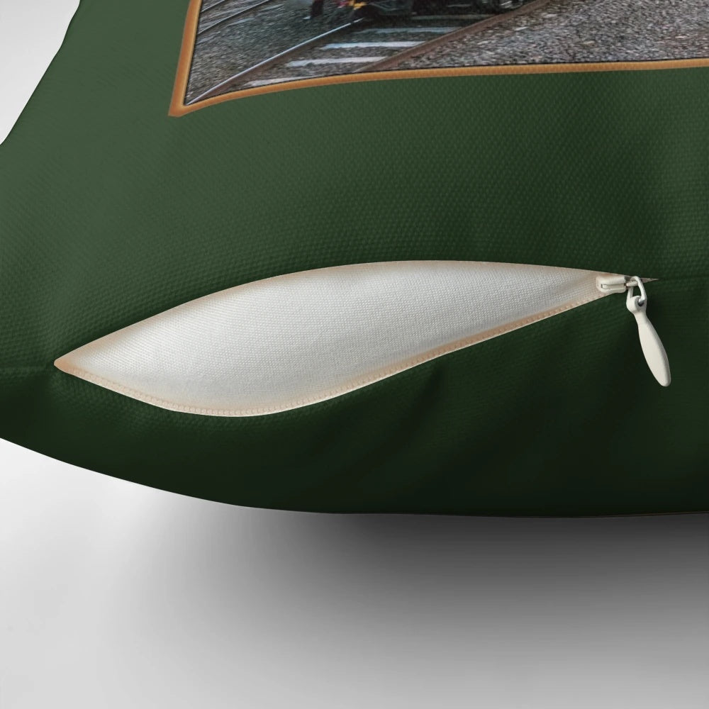 Vintage-style pillow with an illustration of the iconic Flying Scotsman steam locomotive and its nameplate.