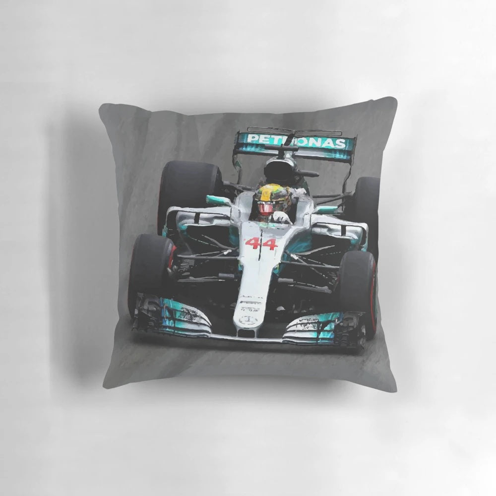 Vintage-style digital art illustration of a Formula 1 racing car on a decorative throw pillow