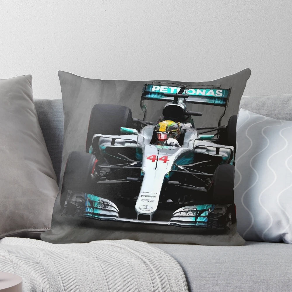 Vintage-style digital art illustration of a Formula 1 racing car on a decorative throw pillow