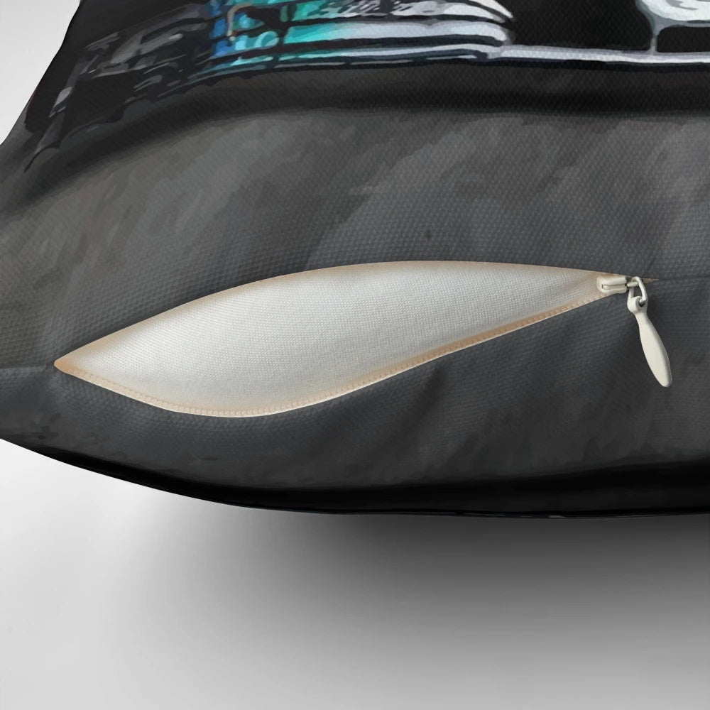 Vintage-style digital art illustration of a Formula 1 racing car on a decorative throw pillow