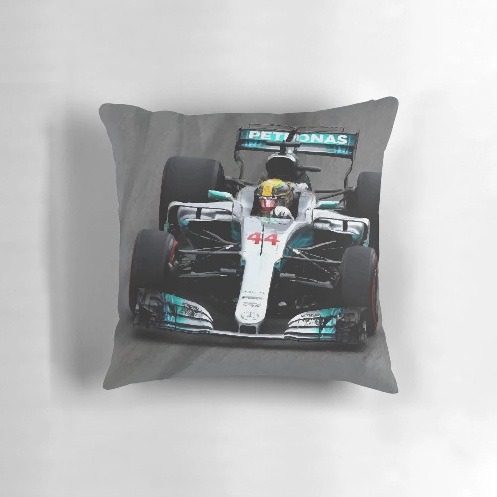 Illustrated pillow design featuring a Formula 1 car with the number 44