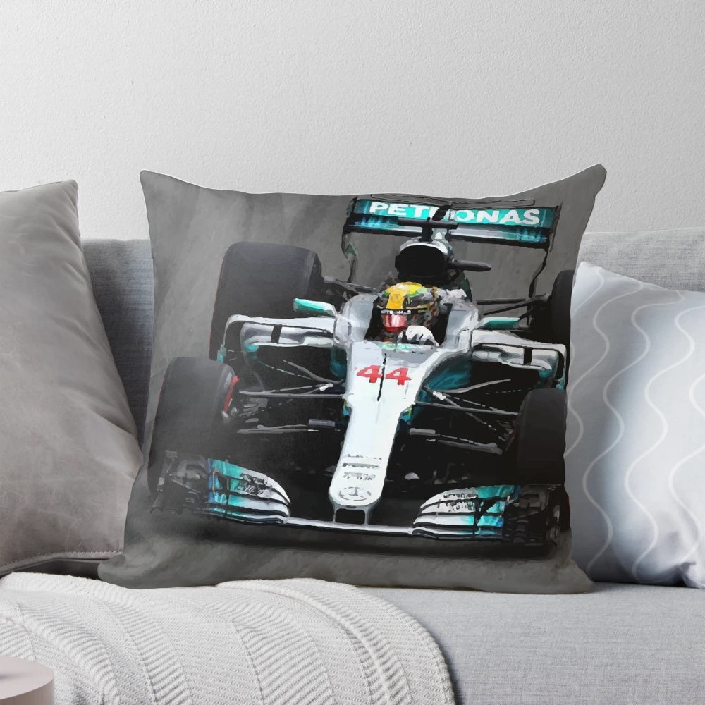 Illustrated pillow design featuring a Formula 1 car with the number 44